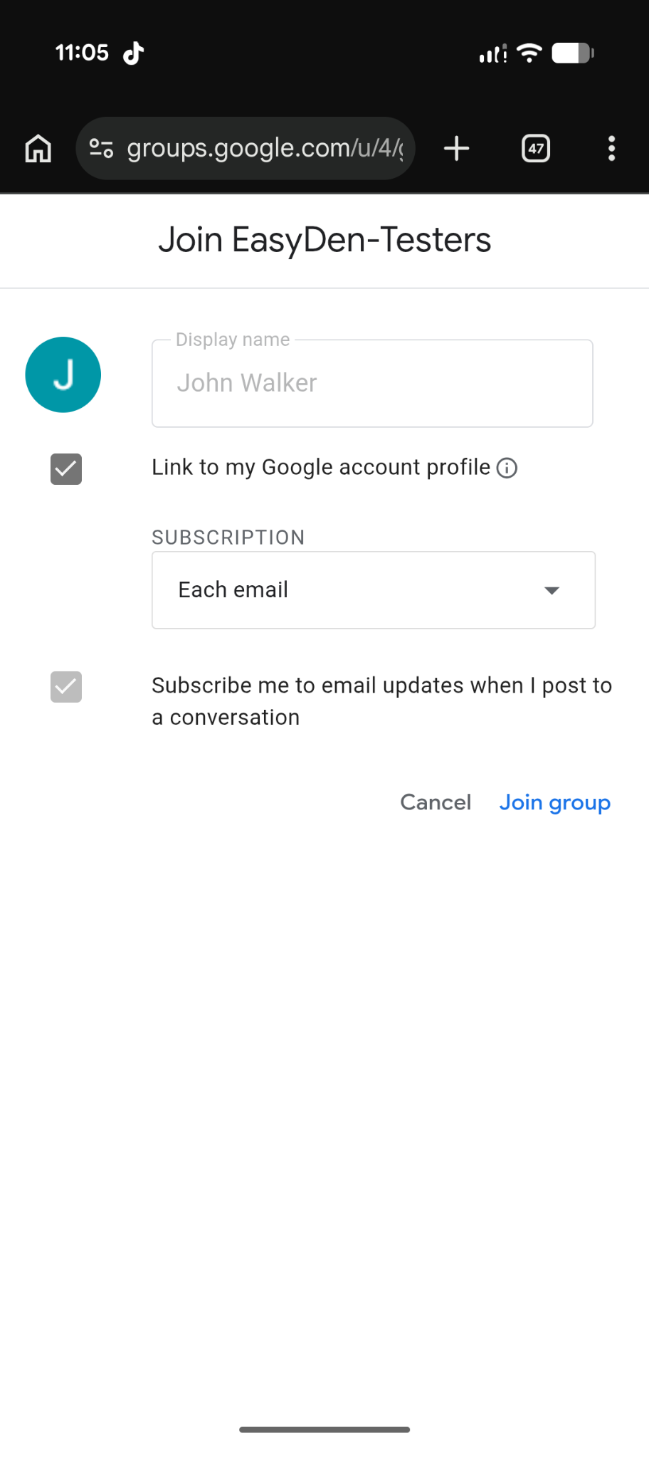 Google Groups confirmation screen showing the second Join group action.