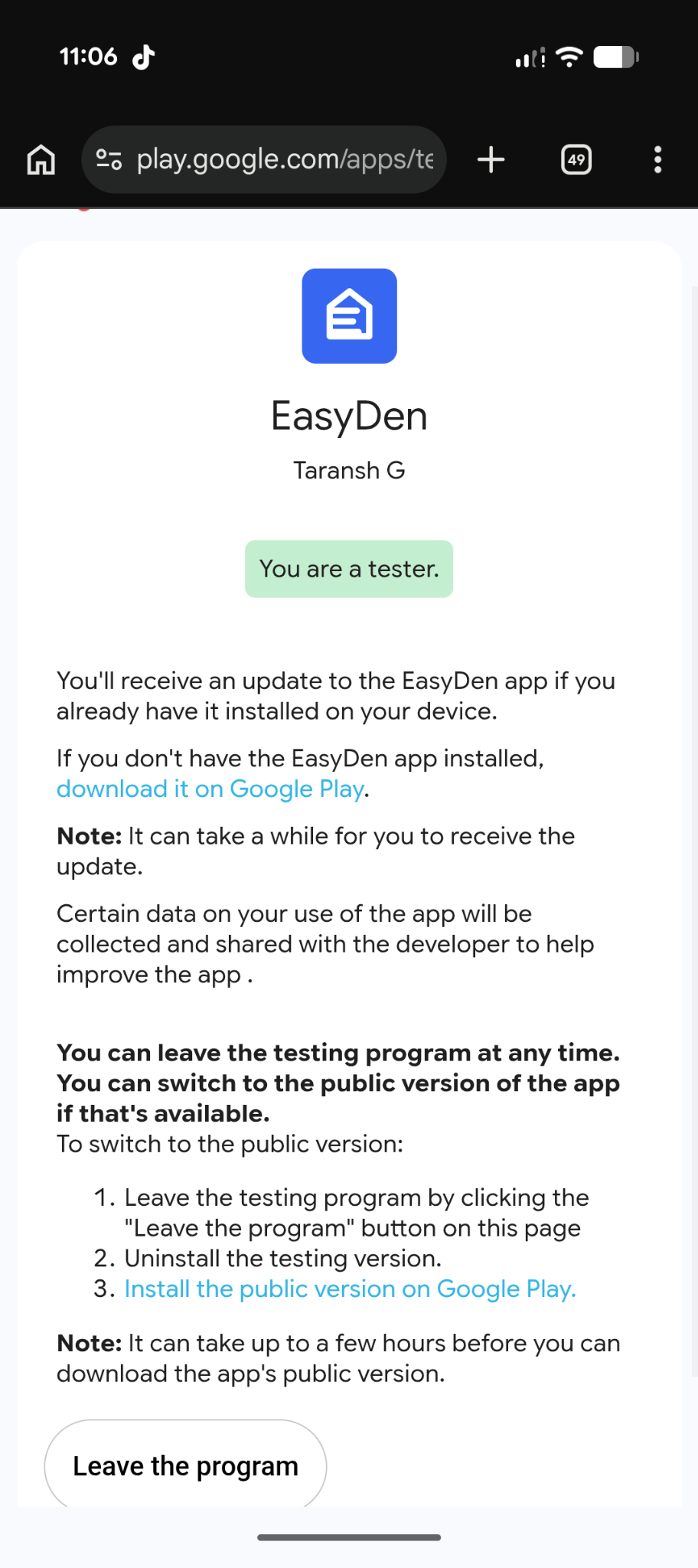 EasyDen Google Play testing page showing the You are a tester confirmation.
