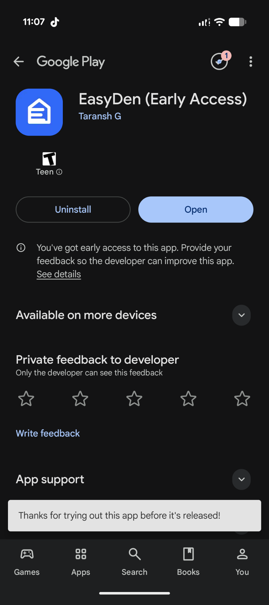 Installed EasyDen Early Access listing showing the Open button.
